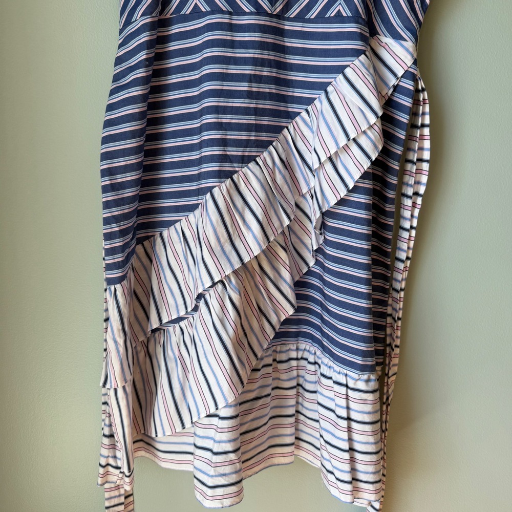 Parker Brooklyn Ruffle Mini Dress Blue Pink Stripe Belt Spaghetti Strap Size 4 - Picture 10 of 16